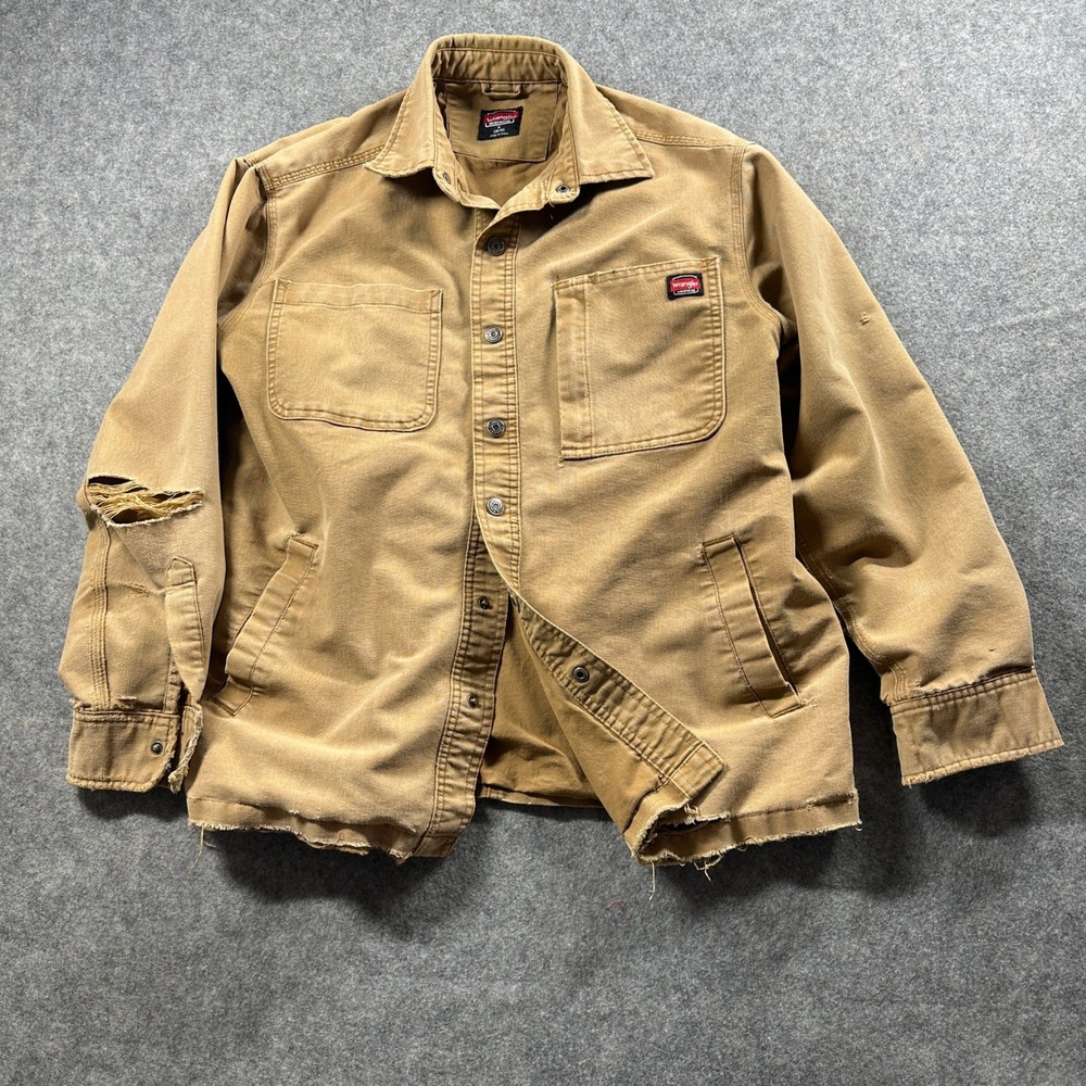 Wrangler Workwear Shirt Jacket Mens M Tan Distressed Canvas Utility Coat